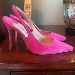 Manolo blahnik hot pink suede slip on heel. Shoes that make a statement